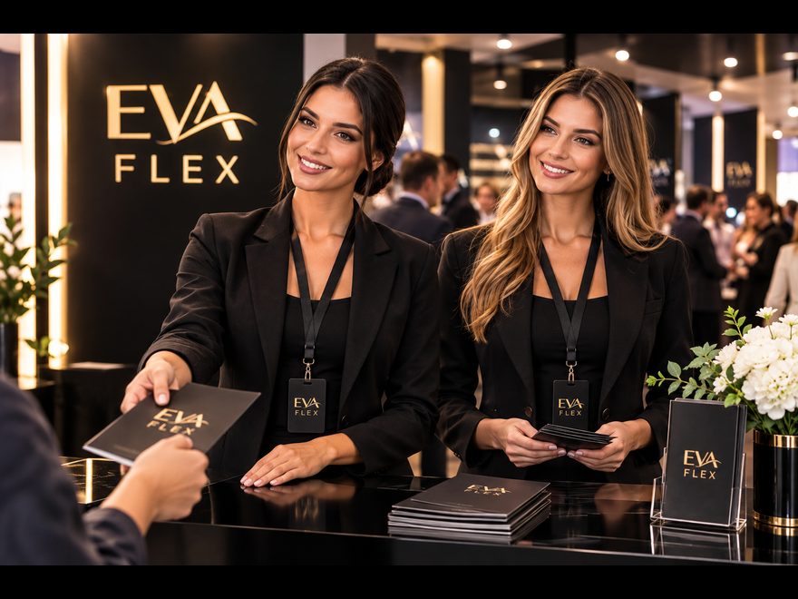 Хостеси на EVA FLEX на брандиран щанд