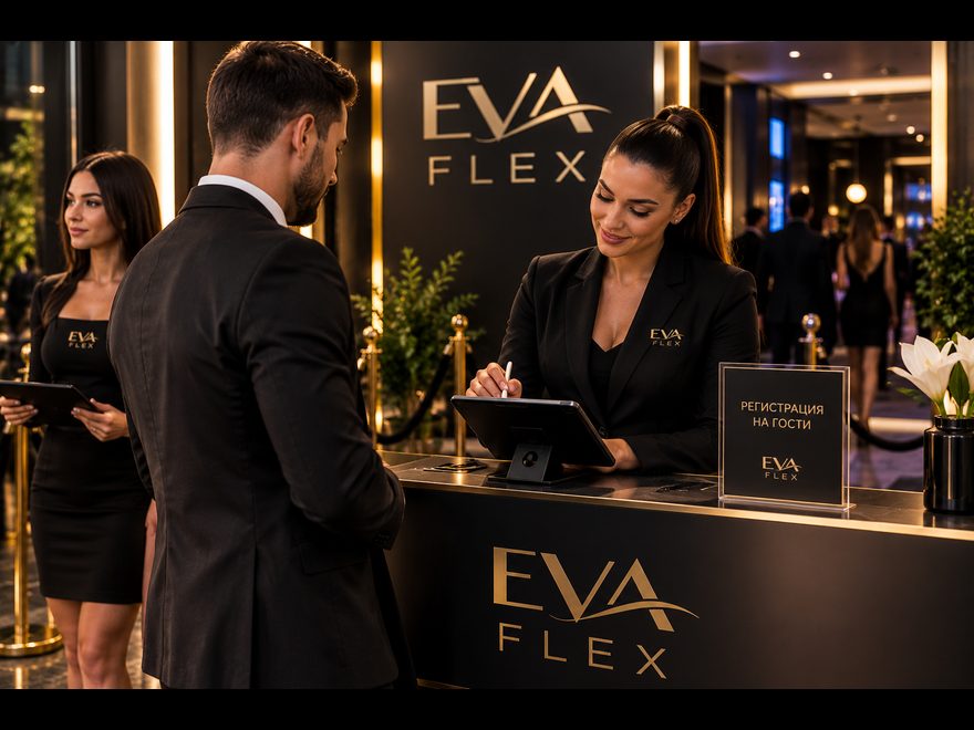 Хостеса на EVA FLEX регистрира гост на конференция